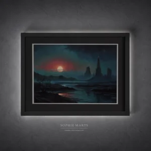 Twilight Ruins sci-fi pastel painting, futuristic cityscape at crimson sunset 28x20cm by Sophie Marts