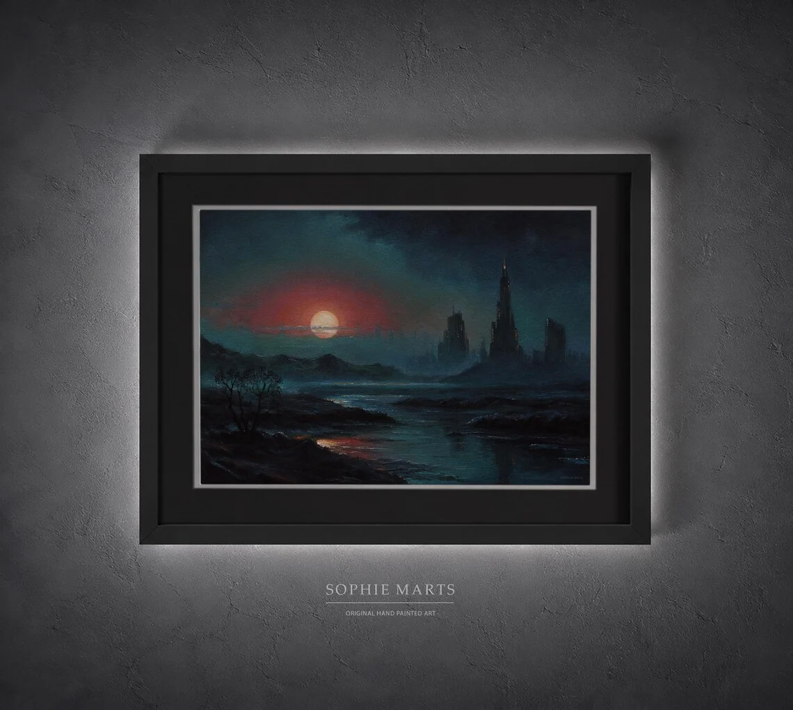 Twilight Ruins sci-fi pastel painting, futuristic cityscape at crimson sunset 28x20cm by Sophie Marts
