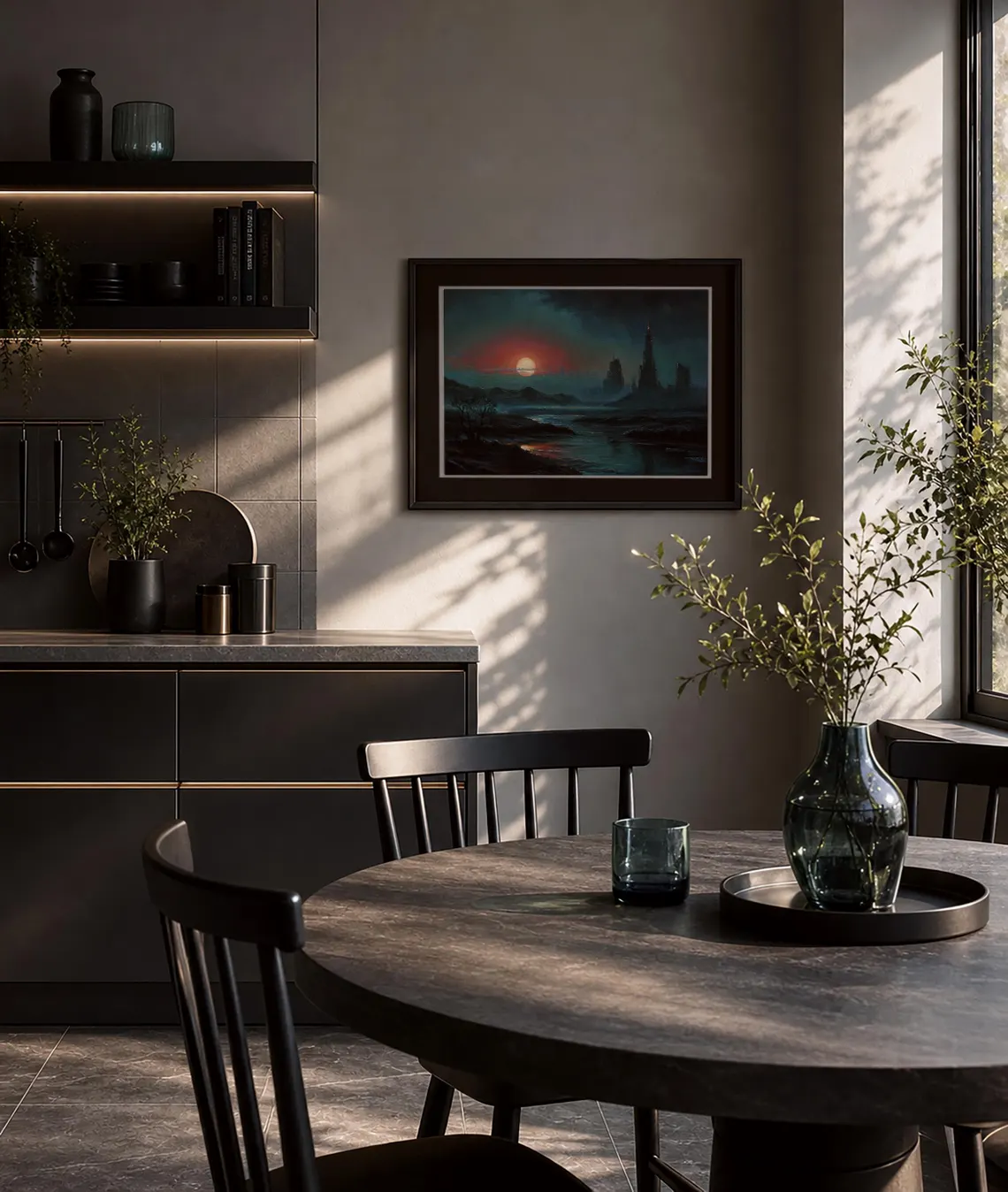 Framed Twilight Ruins sci-fi pastel painting 28x20cm, original cyberpunk art displayed in modern gaming room