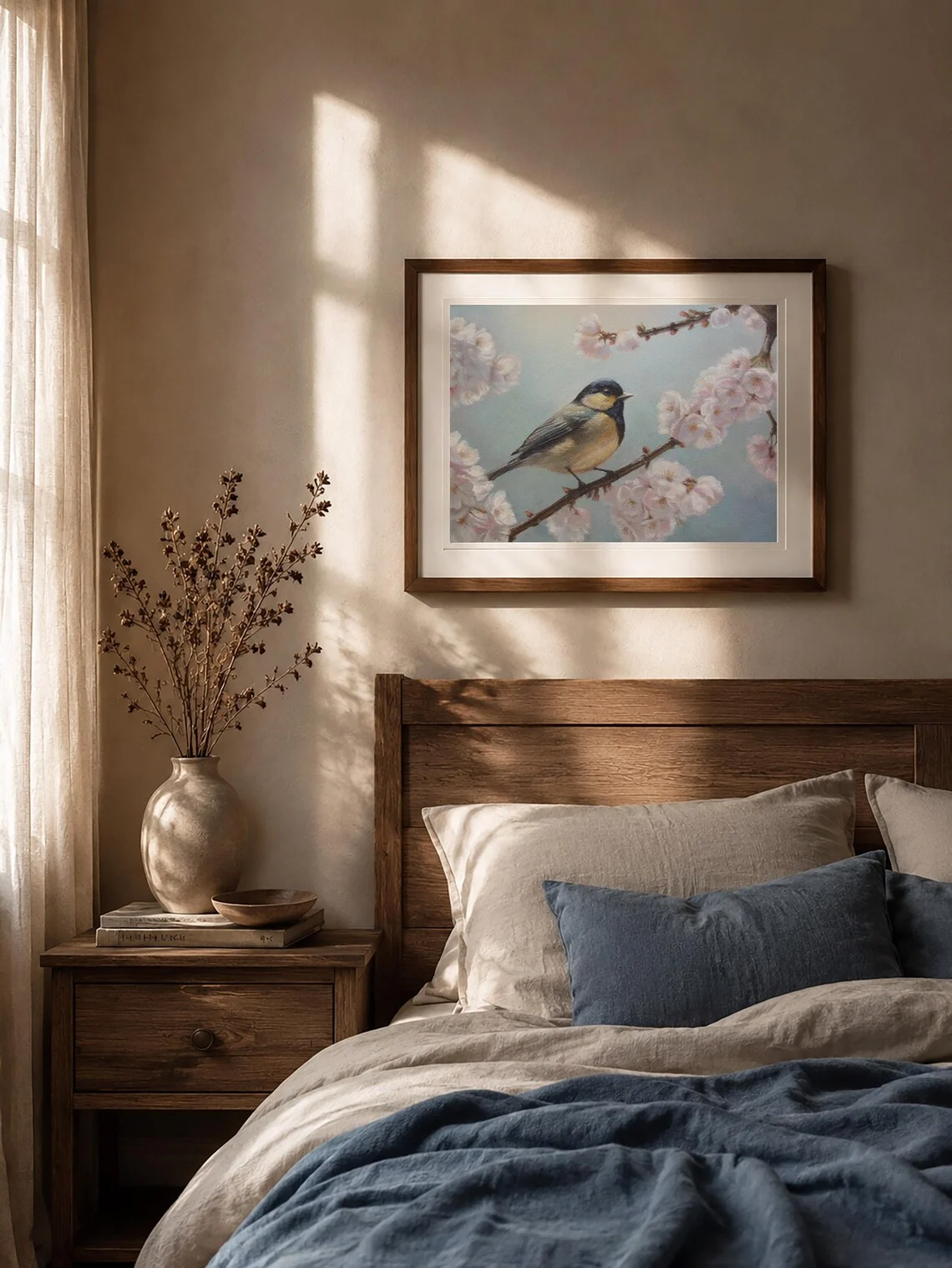 Framed great tit cherry blossom pastel painting 32x23cm, original spring bird nature art ready to hang