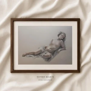Reclining Muse – Classical Nude Portrait Drawing on Toned Paper, Female Figure, Framed Original Artwork