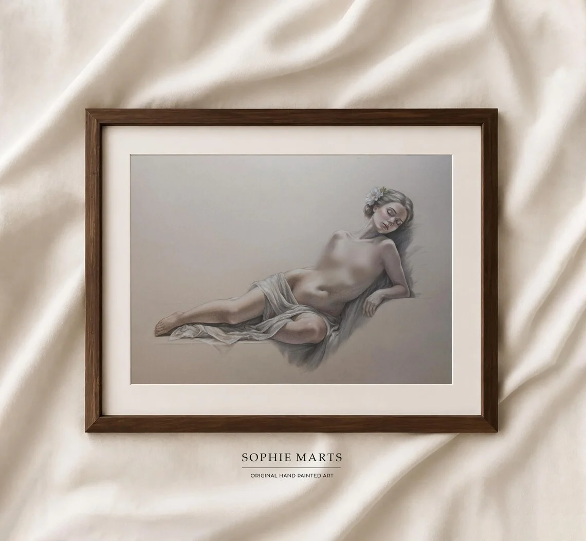 Reclining Muse – Classical Nude Portrait Drawing on Toned Paper, Female Figure, Framed Original Artwork
