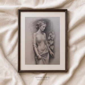 Classical Nude Portrait Drawing – Colored Pencil Art on Toned Paper, Female Figure, Framed Original Artwork