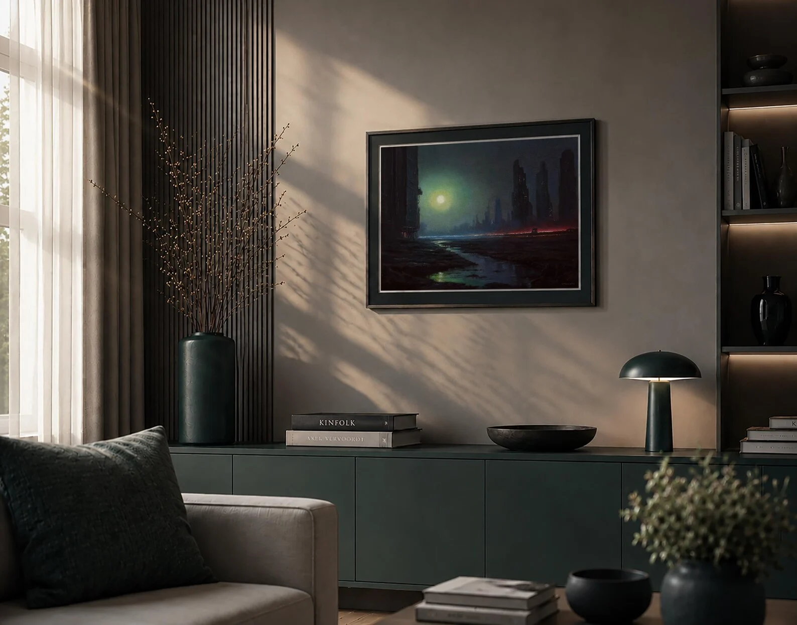 Emerald Dusk: Futuristic Cityscape Pastel Painting