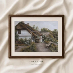 Cozy garden cottage landscape pastel painting, original countryside artwork 29x21cm by Sophie Marts