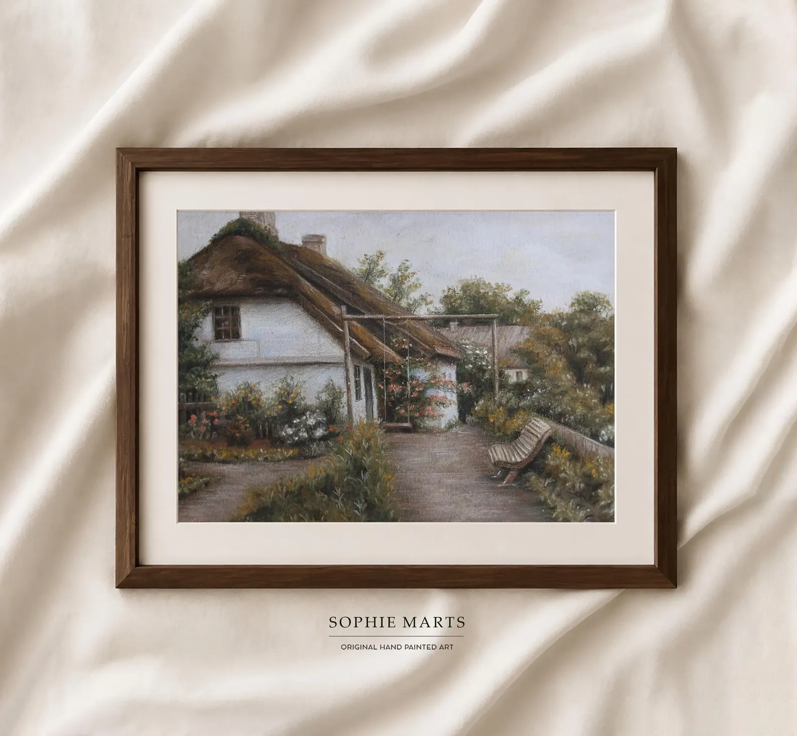 Cozy garden cottage landscape pastel painting, original countryside artwork 29x21cm by Sophie Marts