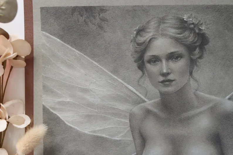 Vintage Fairy Portrait – Original Graphite Drawing