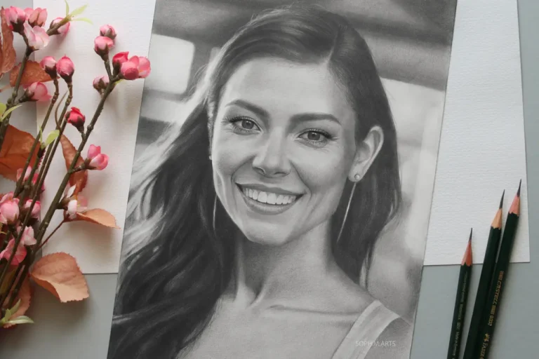 Realistic black and white pencil portrait drawing of a smiling woman, handmade artwork