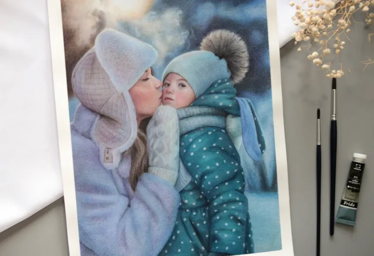 Hand-painted portrait of a mother kissing her baby in winter clothing, realistic family painting