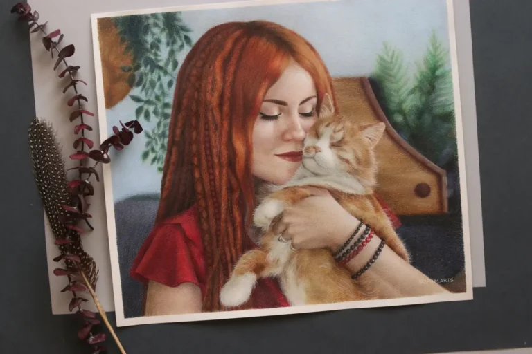Hand-painted portrait of a red-haired woman gently holding an orange cat, realistic oil painting artwork