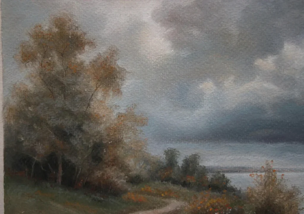 Stormy Sky Landscape – Original Pastel Painting, Framed Nature Wall Art, Dramatic Seascape Decor