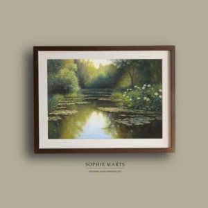 Pastel Landscape Drawing, Serene Pond with Water Lilies, Original Nature Artwork, Framed Wall Decor