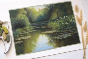 Pastel Landscape Drawing, Serene Pond with Water Lilies, Original Nature Artwork, Framed Wall Decor