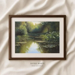 Serene water lily pond original pastel drawing landscape art by Sophie Marts