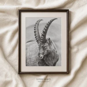 Original Alpine ibex pencil drawing, realistic graphite wildlife portrait A4 framed by Sophie Marts