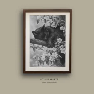 Sleeping Black Cat on Blossom Branch