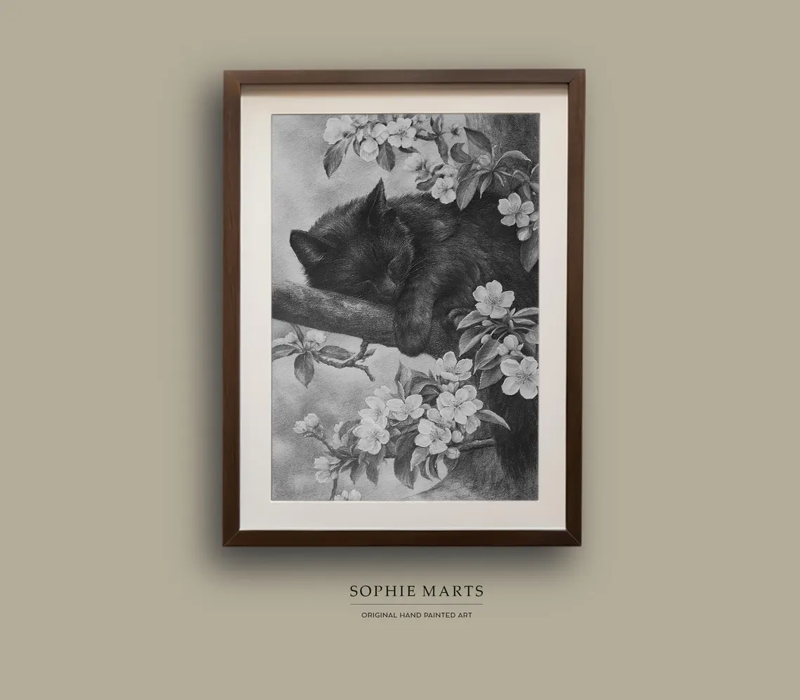 Sleeping Black Cat on Blossom Branch