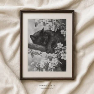 Peaceful sleeping black cat pencil drawing on blossoming sakura branch by Sophie Marts