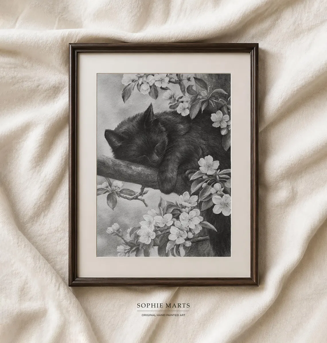 Peaceful sleeping black cat pencil drawing on blossoming sakura branch by Sophie Marts