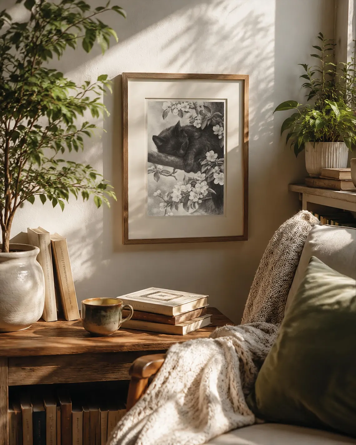 Handmade black cat and sakura pencil drawing by Sophie Marts, Japanese-inspired monochrome wall art