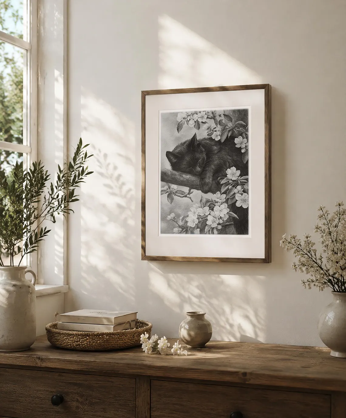 Sleeping cat graphite drawing on wall, original pencil art for cat lover home decor