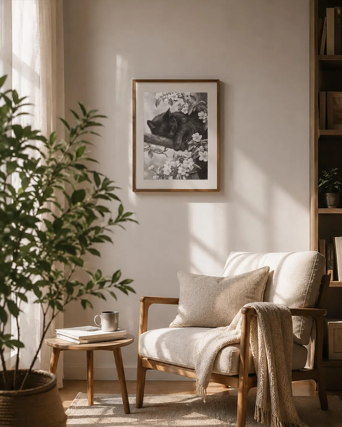 Framed sleeping black cat pencil drawing, sakura branch original graphite artwork in frame