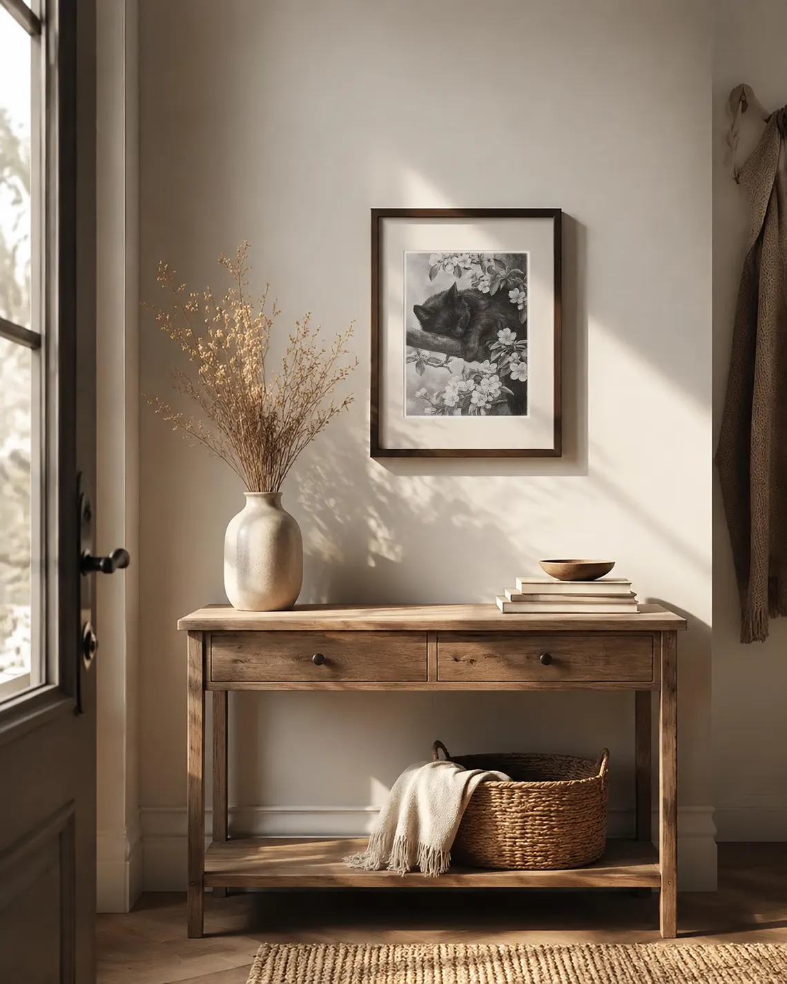 Original black cat sakura branch pencil art in wooden frame, ready to hang wall decor