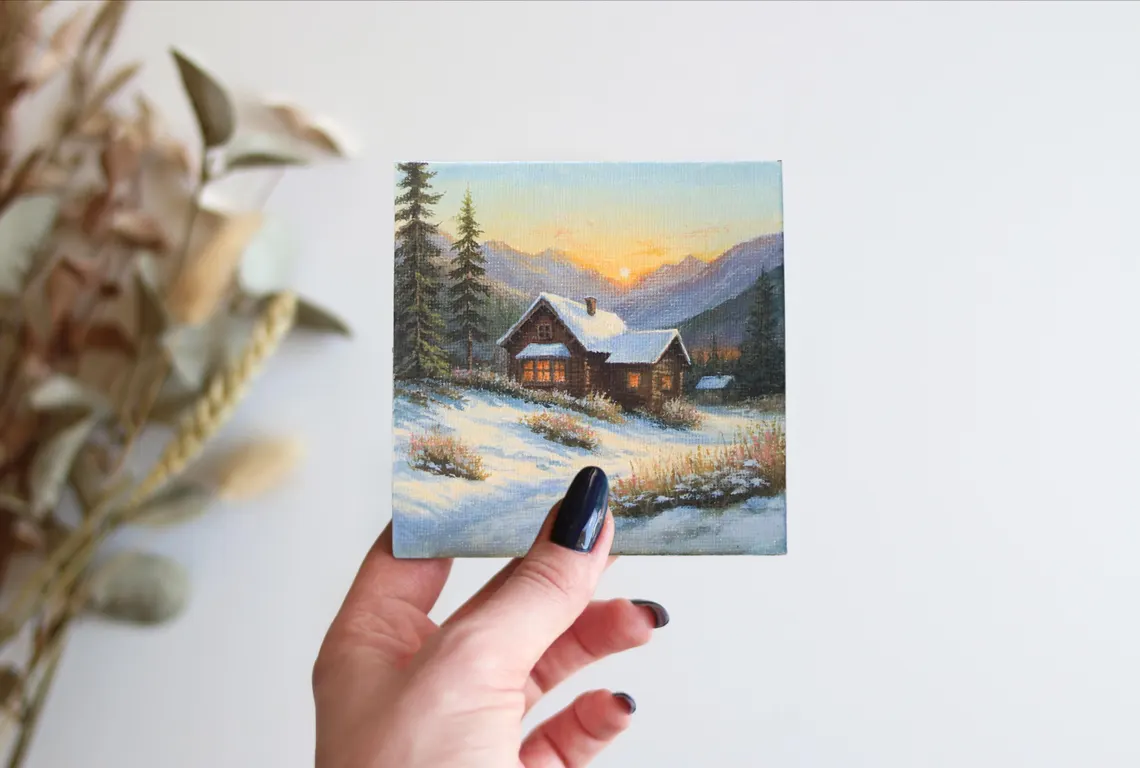 Original Acrylic Winter Cabin Miniature