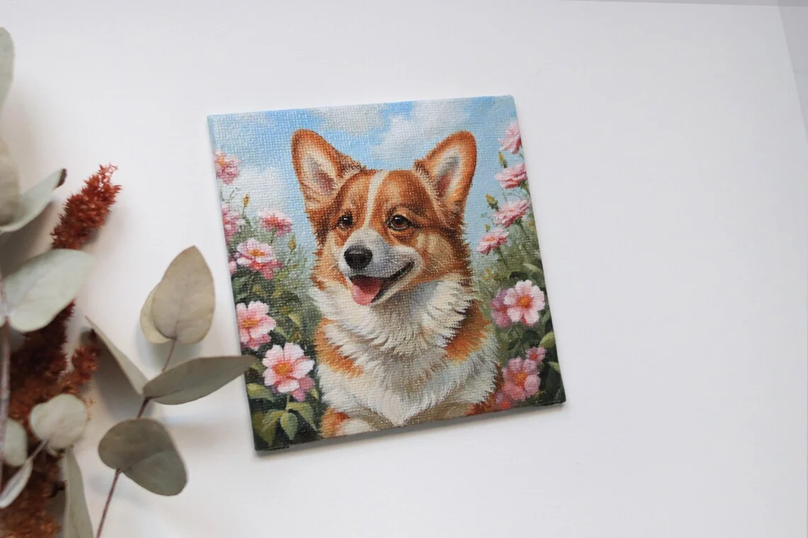 Mini Corgi Floral Acrylic Painting