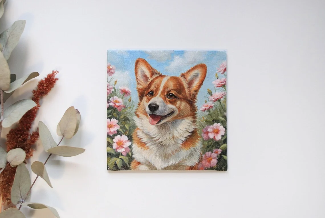 Mini Corgi Floral Acrylic Painting