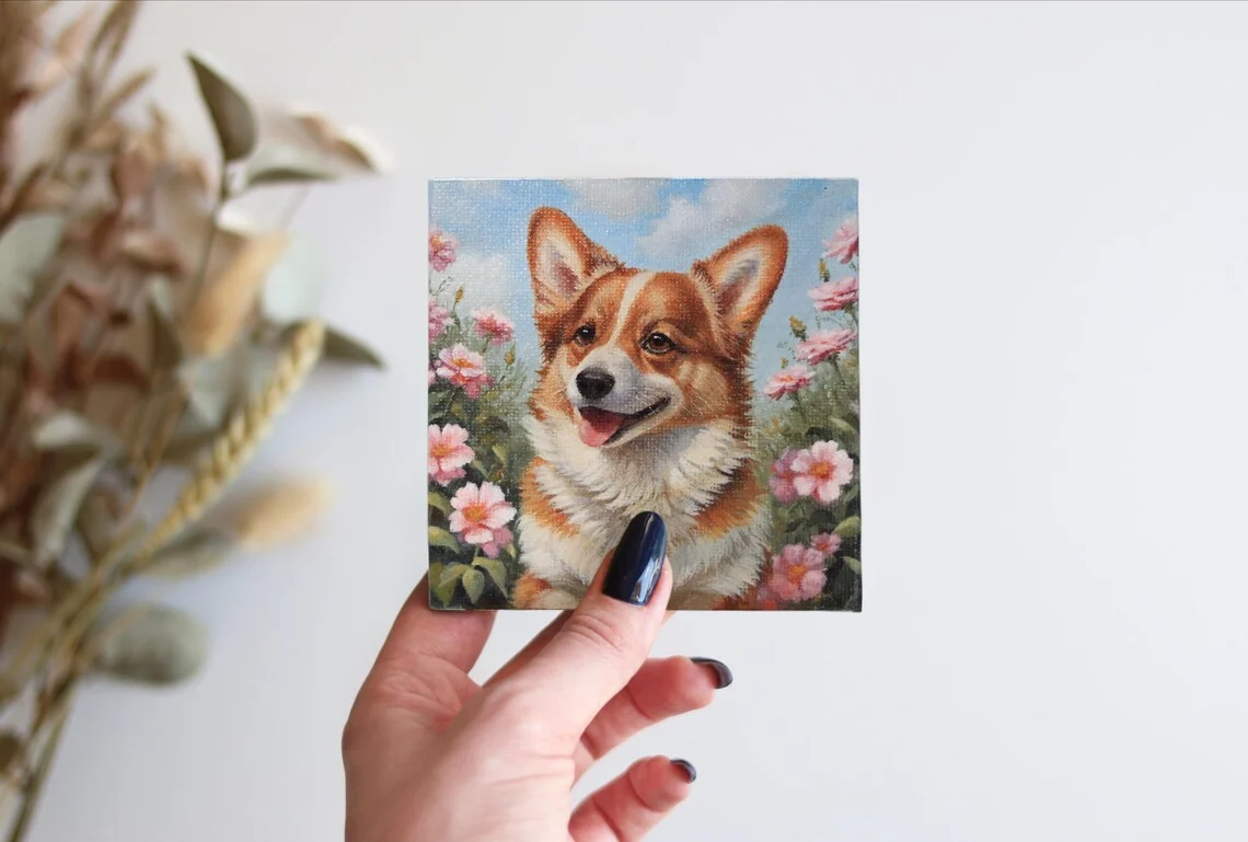 Soft pink flowers and blue sky detail in original corgi miniature acrylic artwork