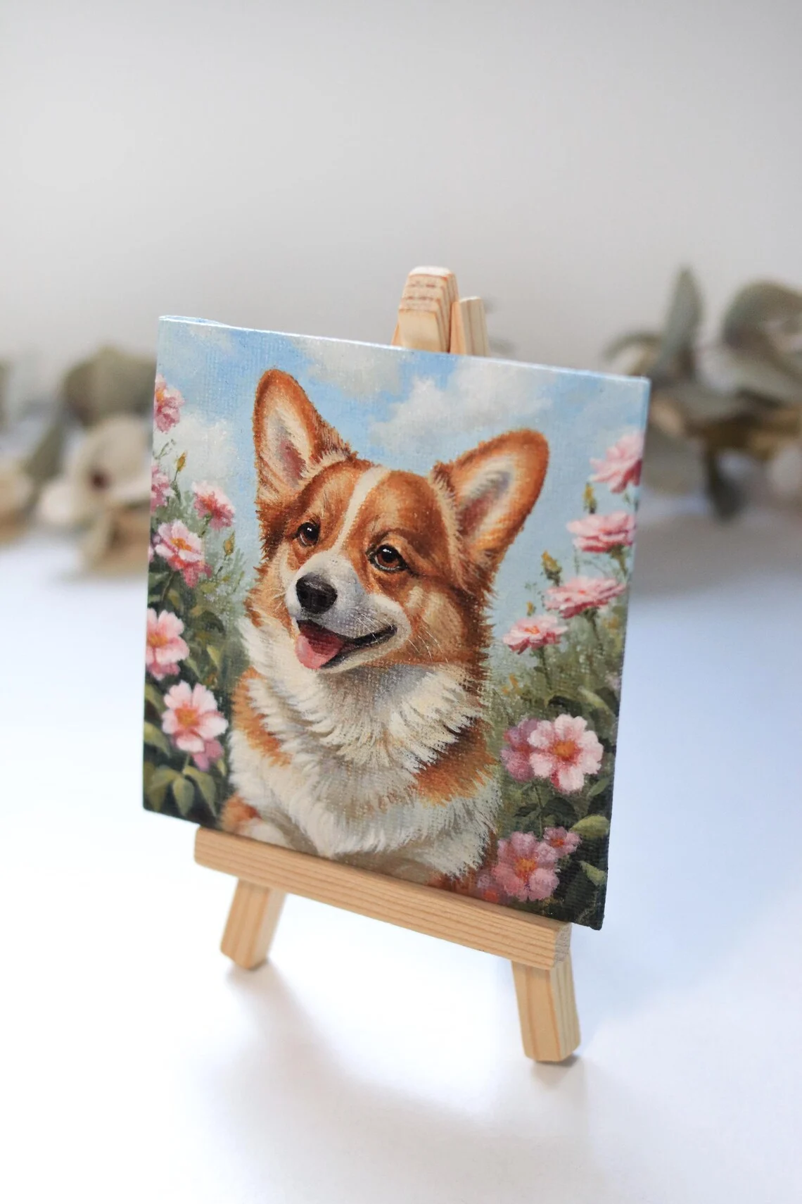 Original handmade corgi painting with pink flowers, miniature acrylic art for corgi lover gift