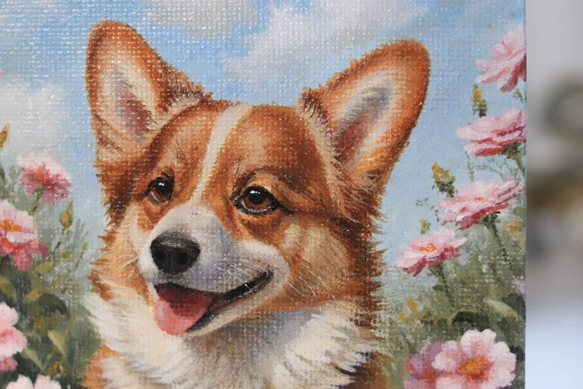 Close-up of corgi face and acrylic brushwork detail in miniature floral pet painting