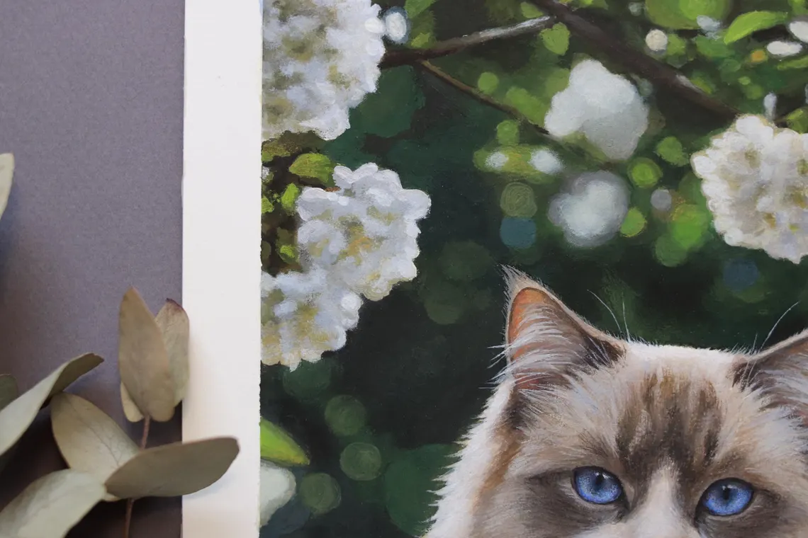 Ragdoll cat portrait painting with botanical garden atmosphere, original acrylic cat art