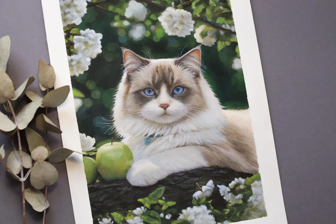 Detailed acrylic brushwork showing ragdoll cat fur texture, realistic handmade pet portrait