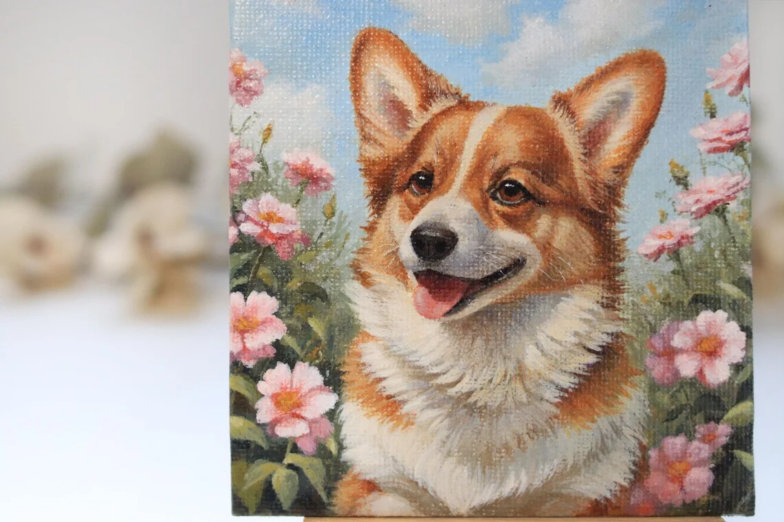 Acrylic paint texture close-up, handmade corgi miniature painting with floral details