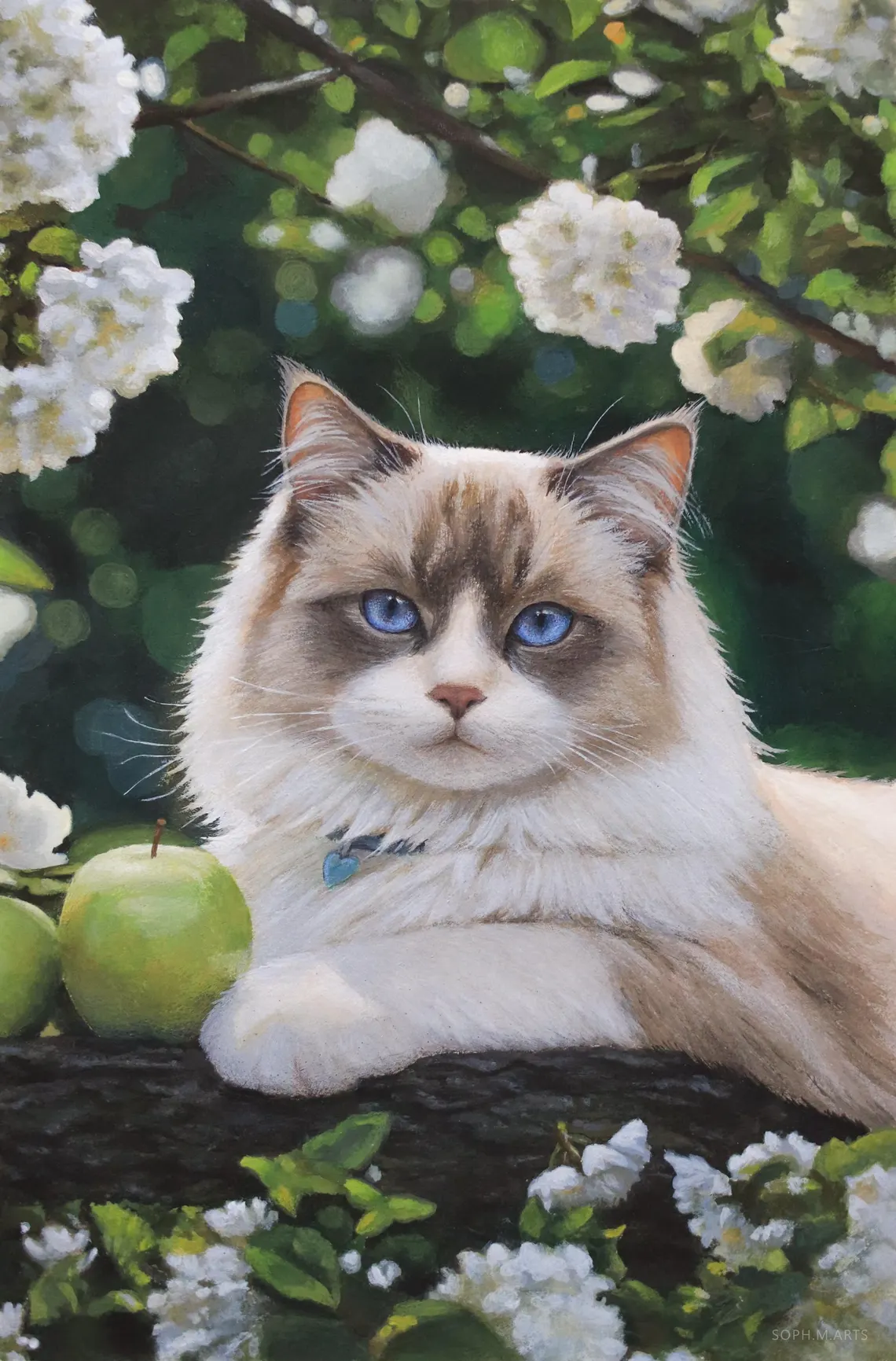 Floral background detail in ragdoll cat painting, soft white flowers and greenery in acrylic