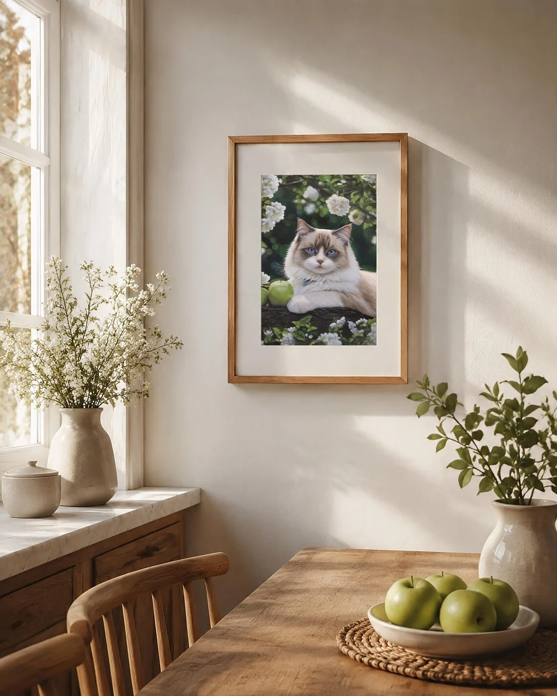 Blue eyed ragdoll cat portrait acrylic painting on wall, original cat art for cat lover gift