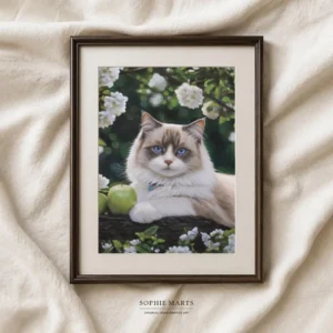 Gentle ragdoll cat painting, blue eyed cat acrylic portrait with white flowers by Sophie Marts