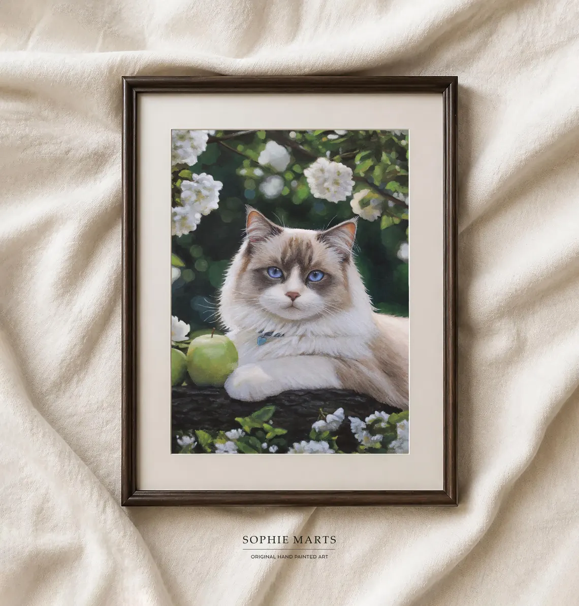 Gentle ragdoll cat painting, blue eyed cat acrylic portrait with white flowers by Sophie Marts
