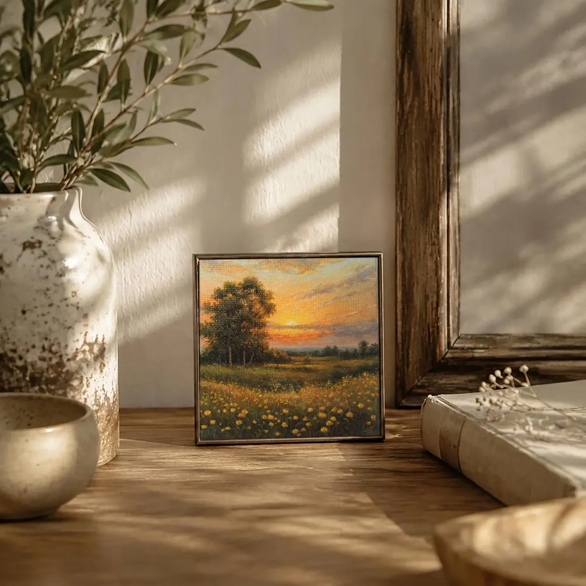 Original acrylic sunset landscape fridge magnet on refrigerator, golden field painting displayed