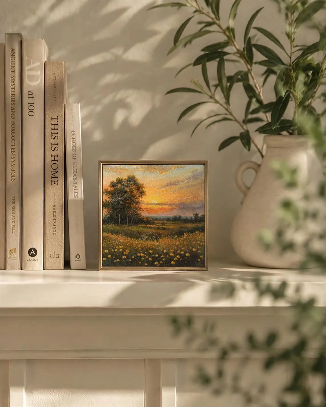 Golden sunset field miniature painting displayed on shelf, original acrylic nature wall art decor