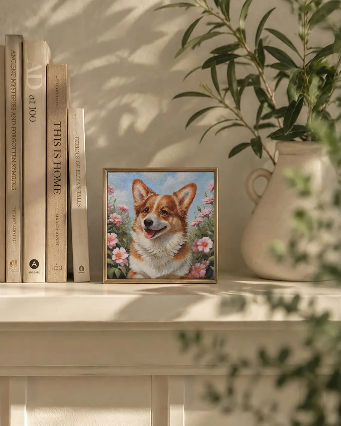 Miniature corgi acrylic painting on shelf, cottagecore dog art home decor 10x10cm