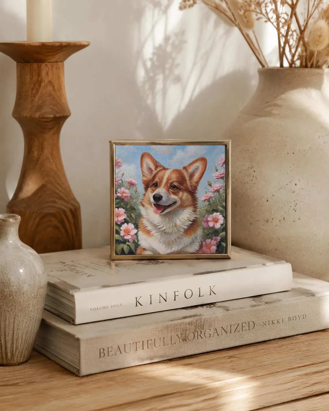 Sophie Marts original miniature corgi acrylic painting, floral dog art one of a kind