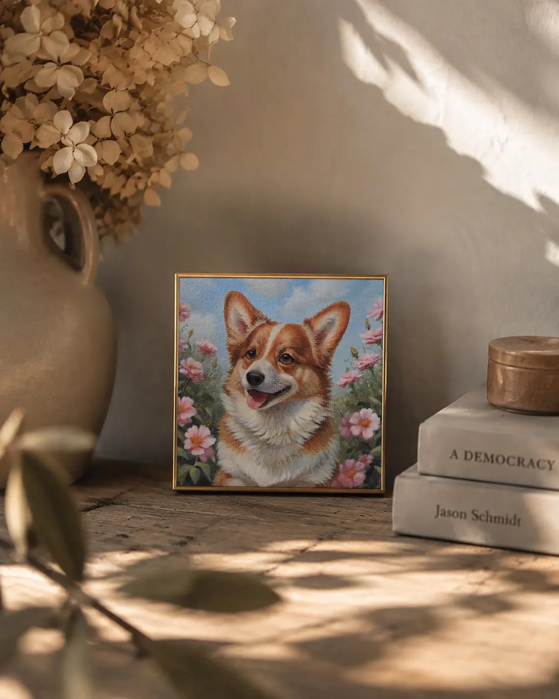 Size comparison of mini corgi acrylic painting 10x10cm, small original dog artwork