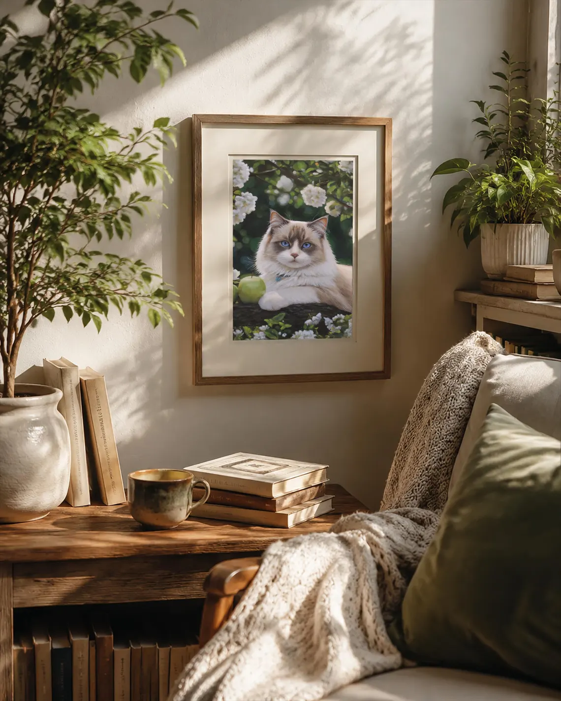 Original ragdoll cat painting in wooden frame, blue eyed cat portrait art ready to hang