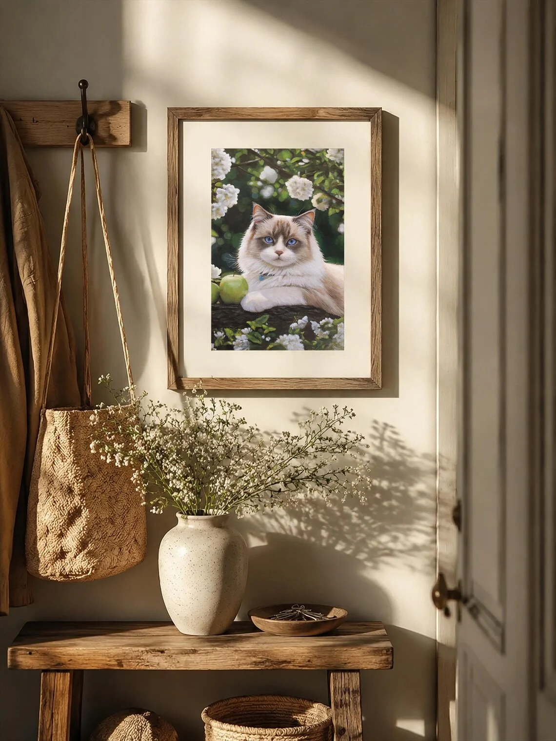 ragdoll cat acrylic painting, blue eyed cat portrait with white flowers