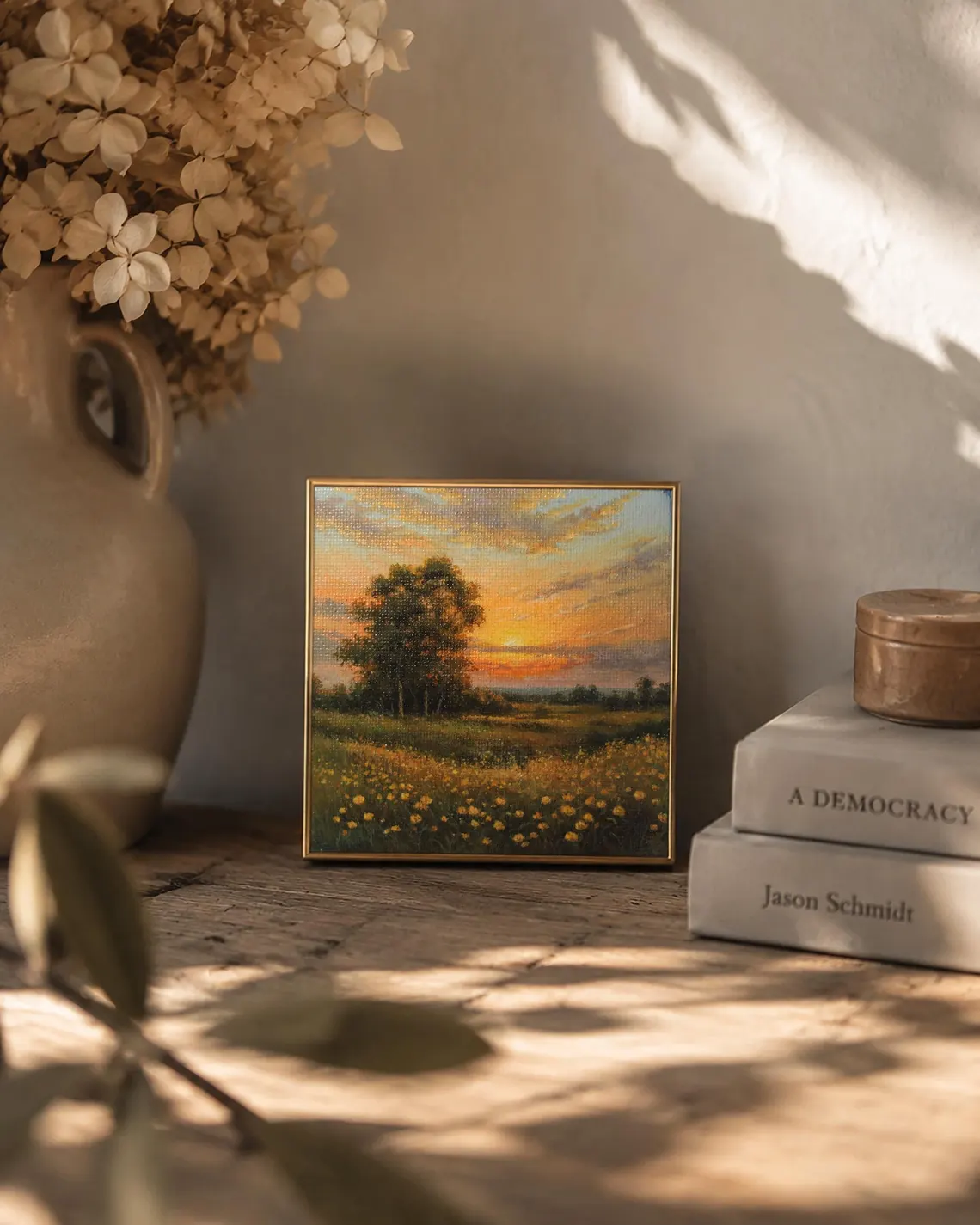 Sophie Marts golden field sunset acrylic miniature 10x10cm, tiny original painting gift for nature lovers