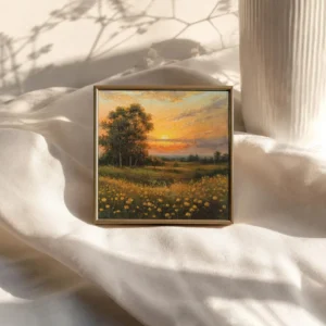 Golden Field Sunset Acrylic Painting, original miniature landscape fridge magnet by Sophie Marts