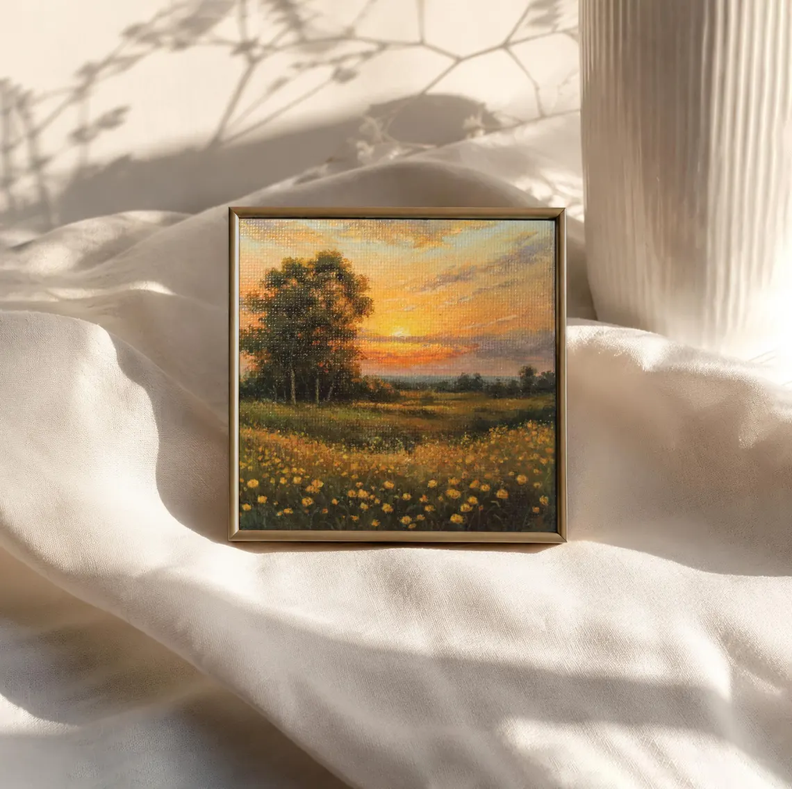 Golden Field Sunset Acrylic Painting, original miniature landscape fridge magnet by Sophie Marts